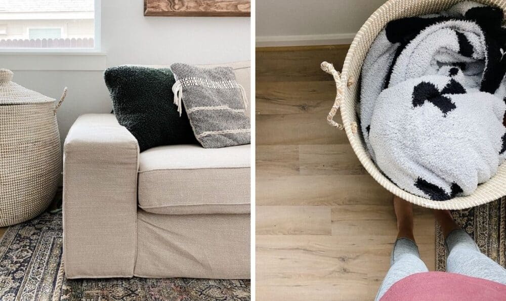 side by side images. On the left is a closet up of a Serena & Lily La Jolla basket, on the right is a view from above with it open and a blanket inside 