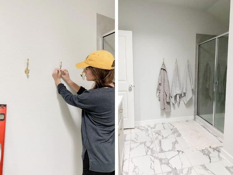 side by side collage of a woman hanging a bathroom towel hook with the completed image 