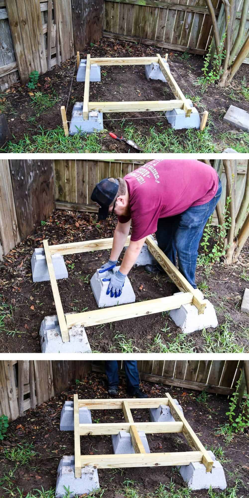 collage of man assembling base of diy backyard fort