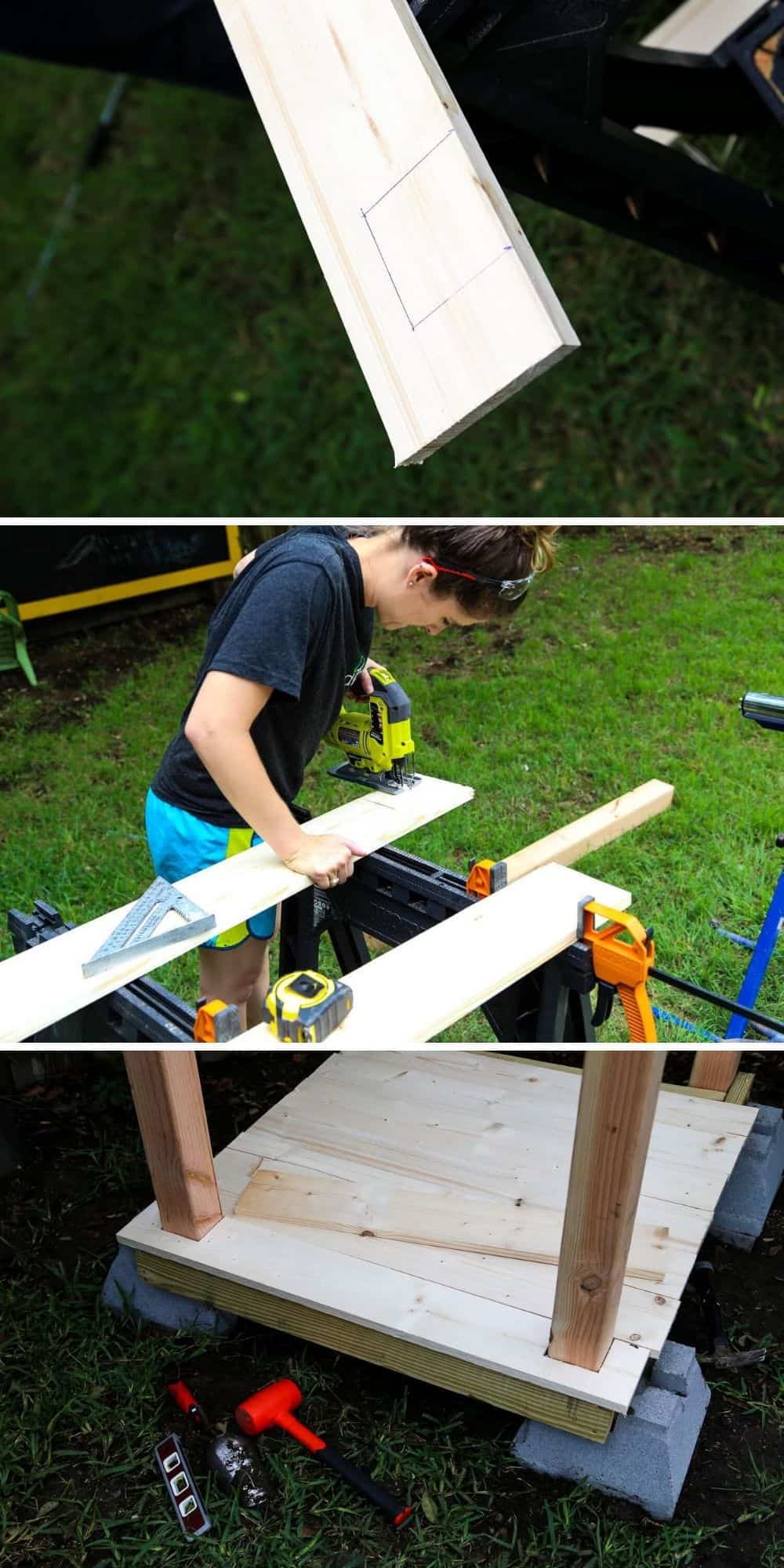collage of close up images of a woman installing flooring in a DIY outdoor playhouse