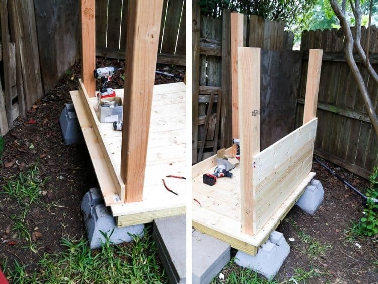 two images of walls being installed on backyard playhouse 