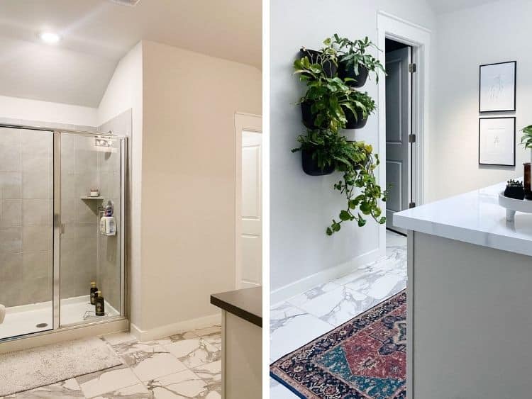before and after of master bathroom budget makeover 