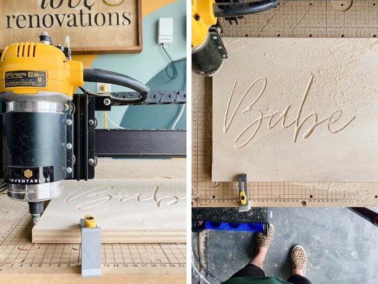 two side by side images of a DIY neon sign being carved on an Inventables X-Carve 