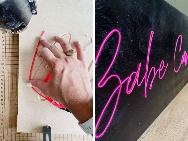 two images of a DIY neon sign. On the left, a hand is holding EL wire in a channel carved for the sign. On the right, a close-up image of the completed sign