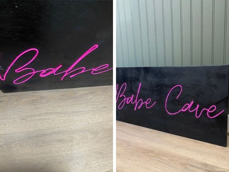 two close-up images of a DIY neon sign made with EL wire 