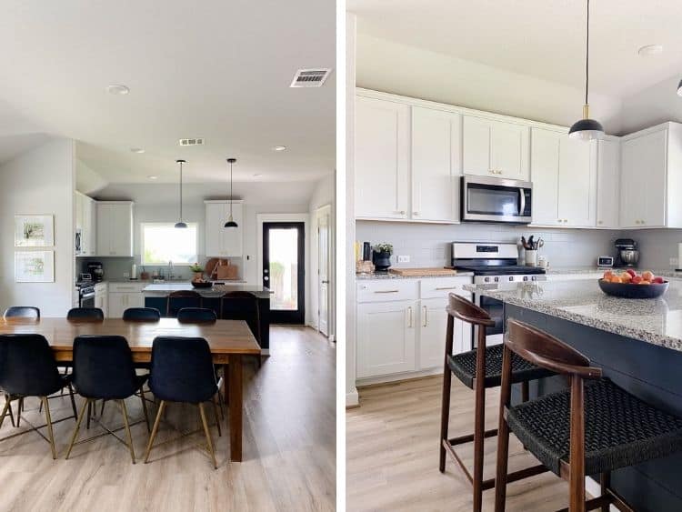 Side by side images of the color Sherwin Williams First Star in a dining room and kitchen 