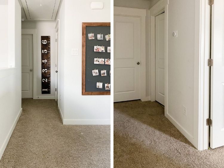 Two views of a hallway with minimal natural light, painted First Star by Sherwin Williams 