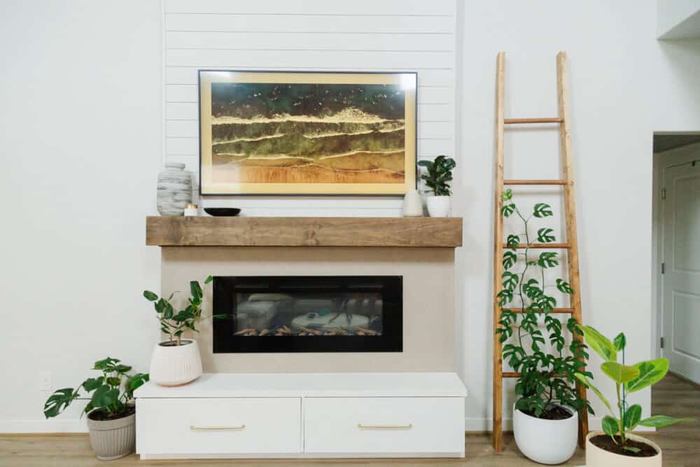 living room with tall fireplace and a ladder style indoor plant trellis 