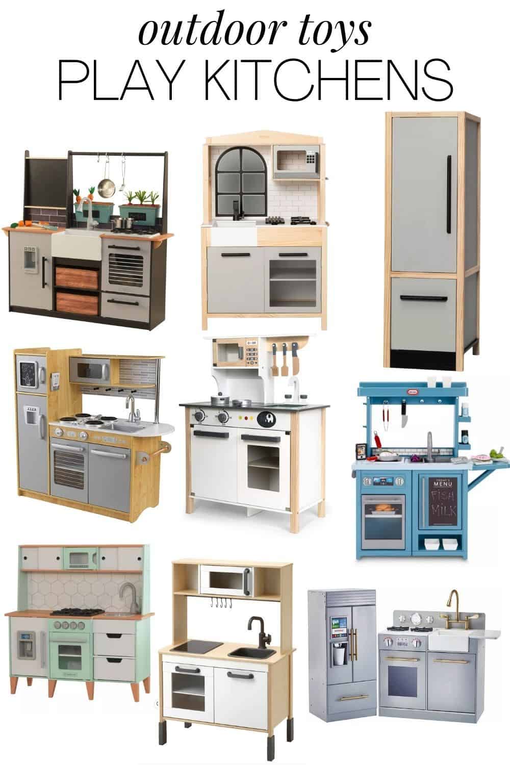 Collage of 9 different play kitchens for kids, perfect for an outdoor playhouse