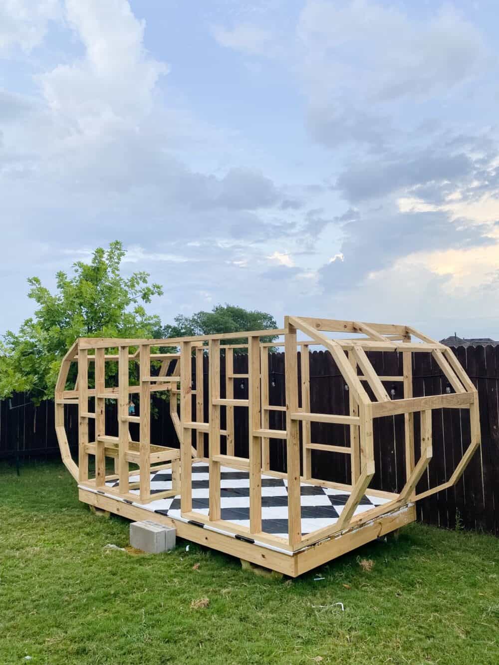 Framing of vintage-style camper playhouse 