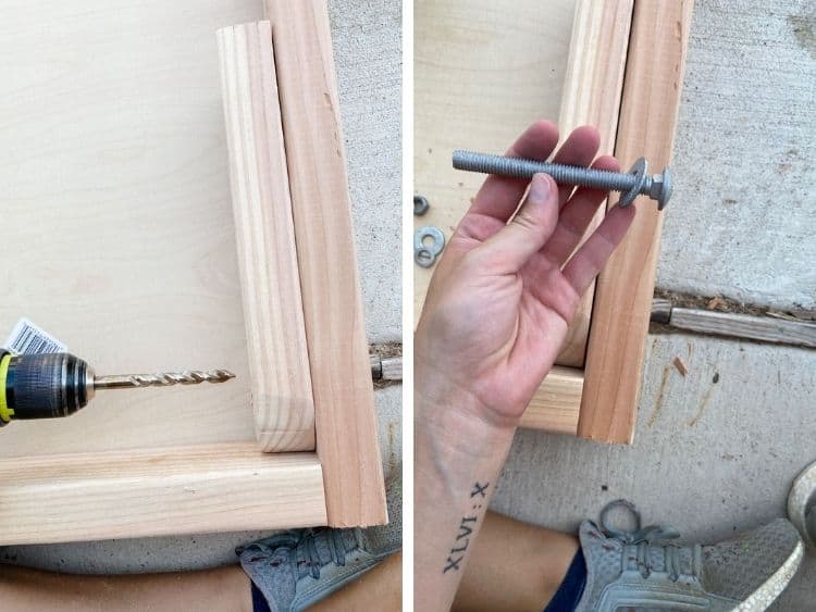 Two close up images of attaching legs to DIY cornhole boards