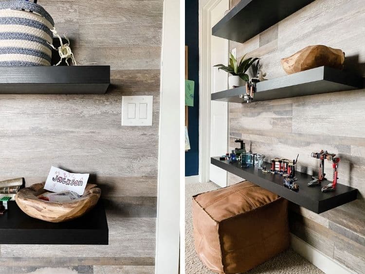 Two close-up images of vinyl wall planks on an accent wall