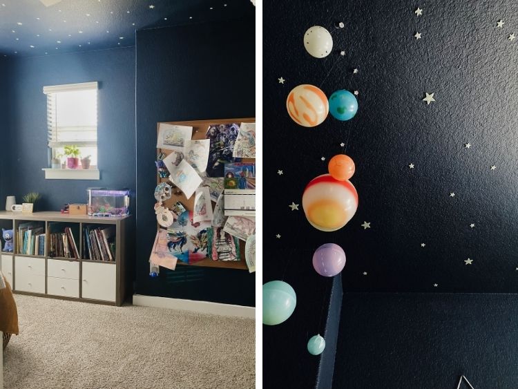 Details of kids' space themed bedroom, including solar system