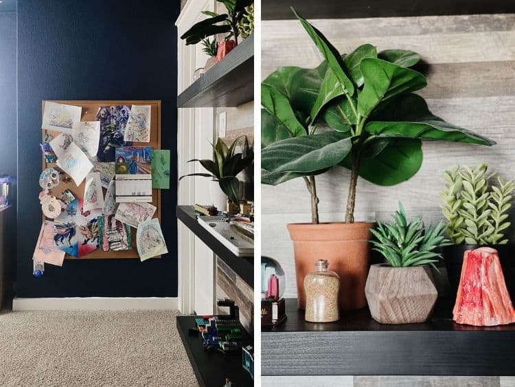 Two close up images of details in a boy's space themed bedroom