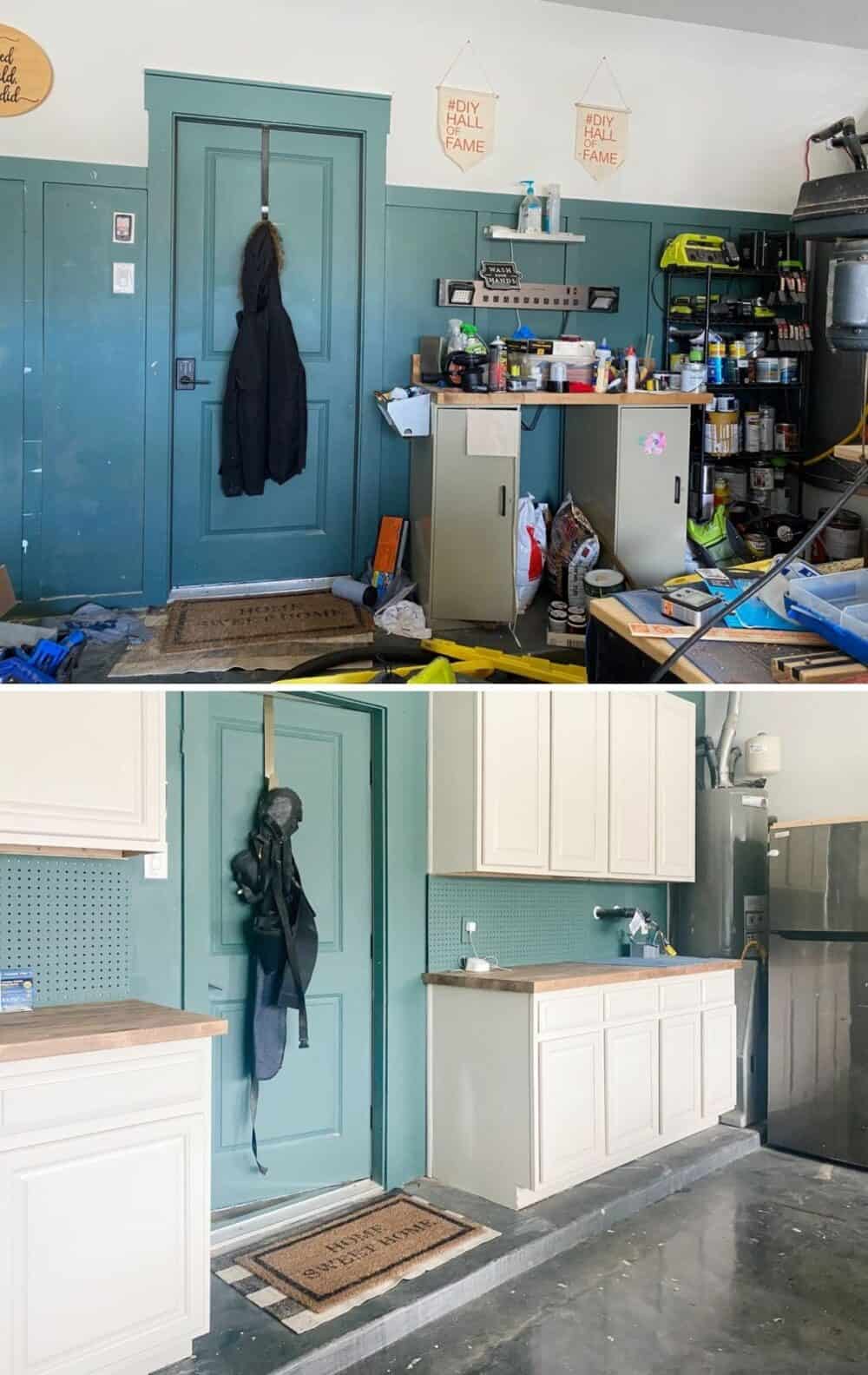 Before and after of garage cabinet storage 