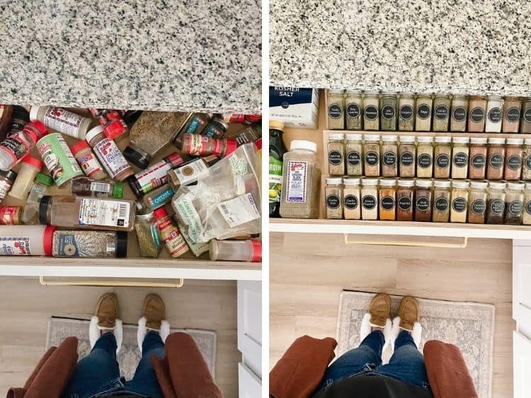 Before and after of organized spice drawer 
