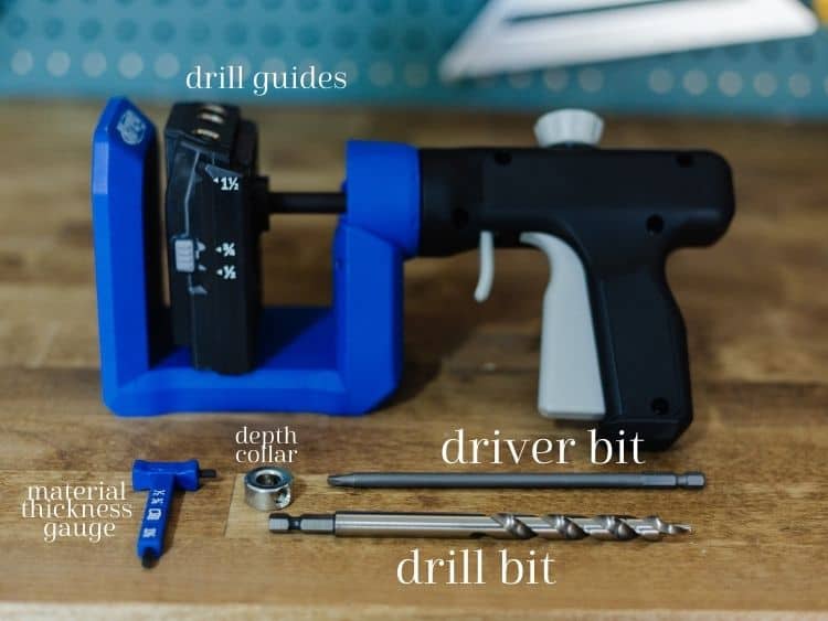 A Kreg pocket hole jig with parts labeled