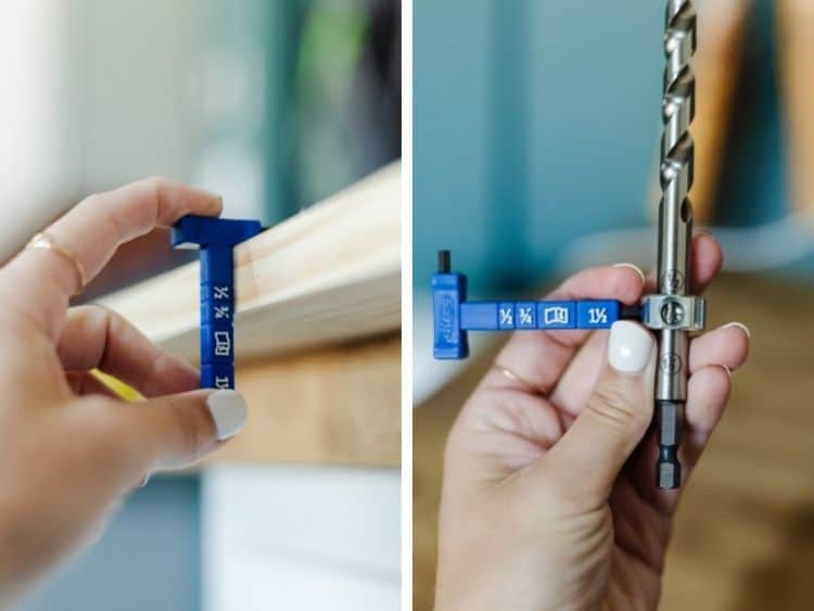 Two images of a woman's hand using a Kreg Jig material thickness gauge and depth collar