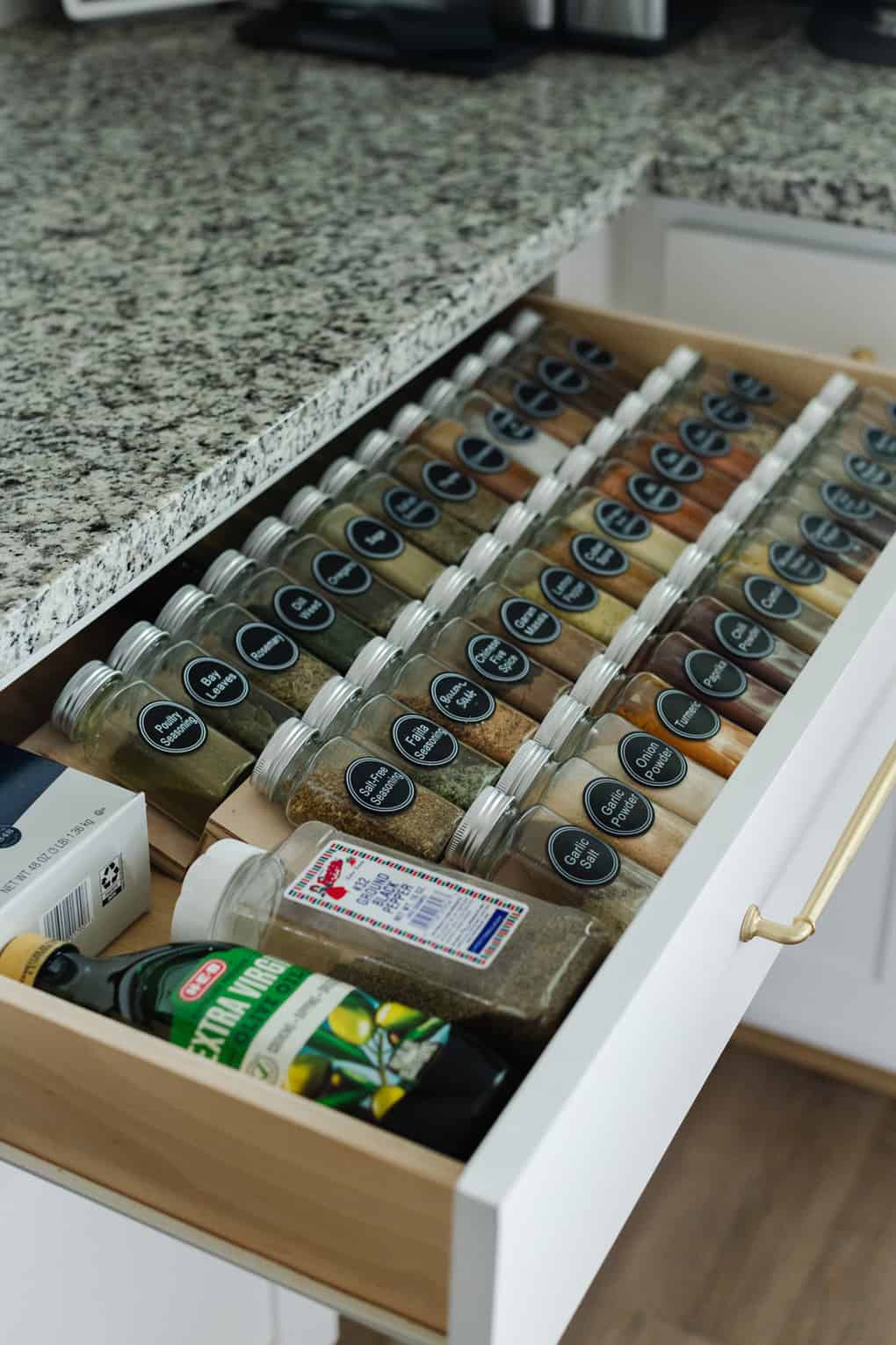 spice drawer with organizer to keep spices in place
