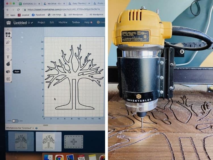 Design of thankful tree and close up of X-Carve cutting out a tree