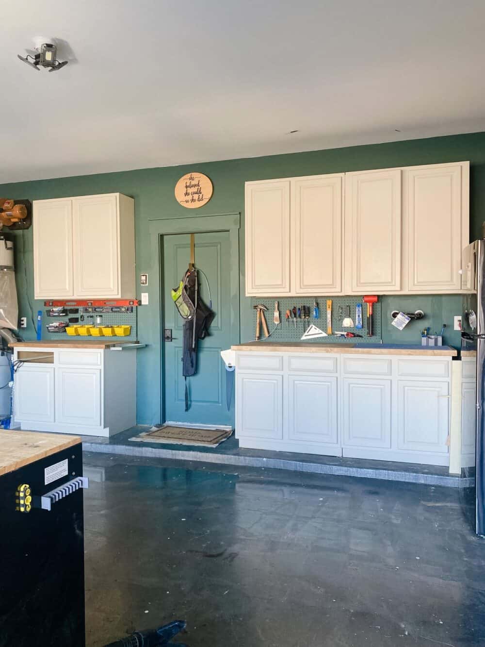 Garage wall with cabinets installed 