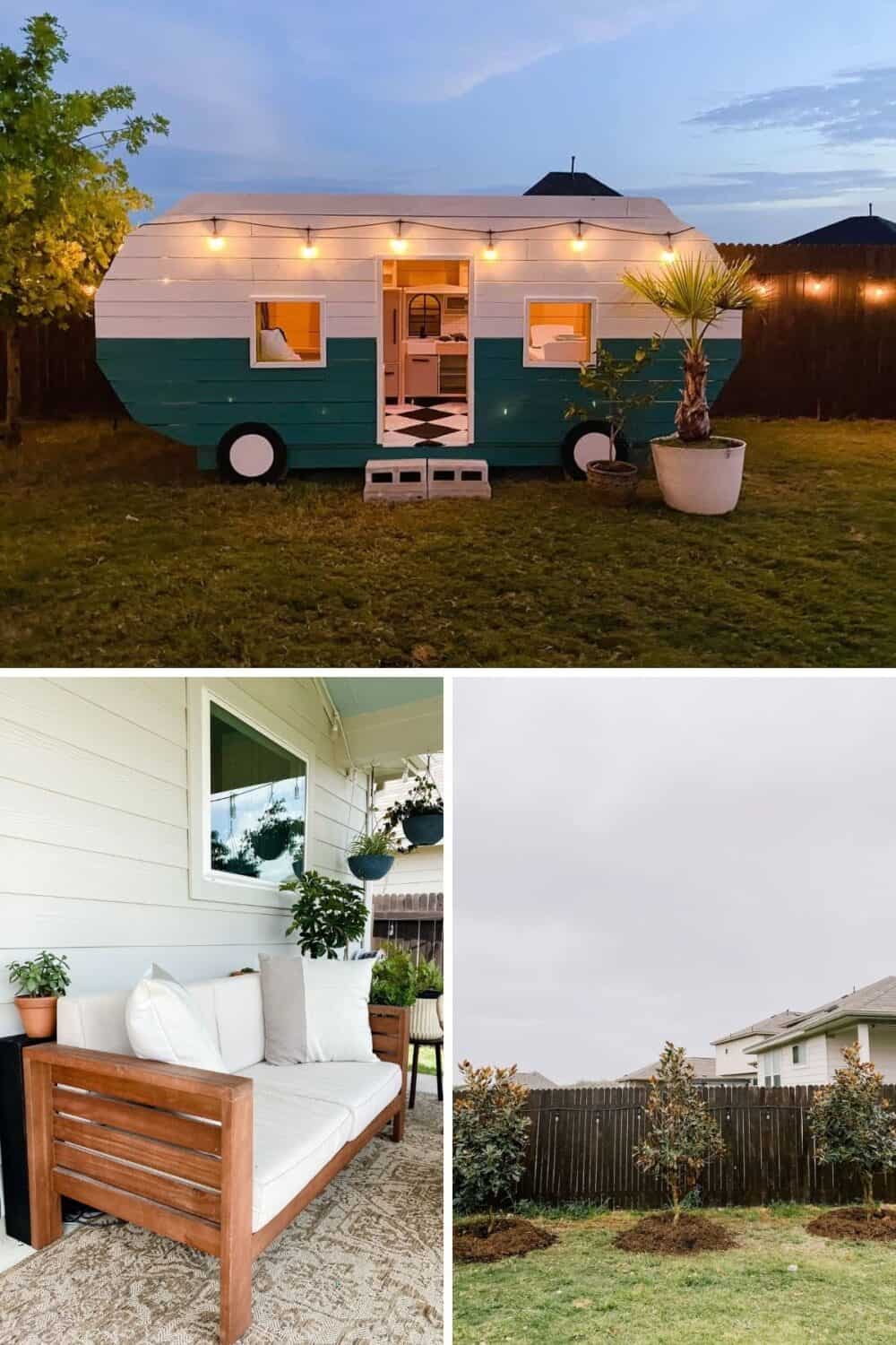 Collage of three exterior home photos, including a playhouse camper and a patio