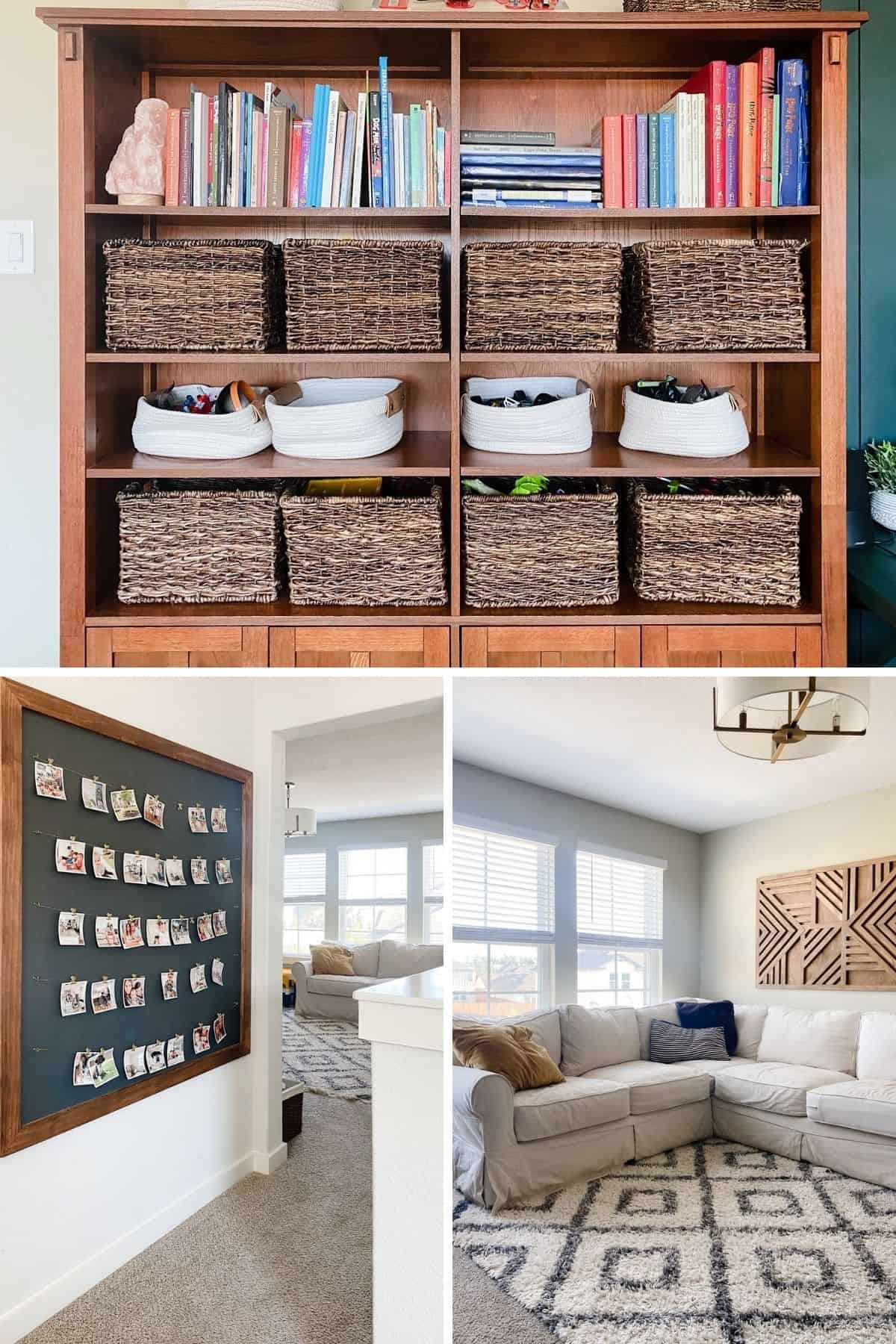 Collage of images from a cozy family room
