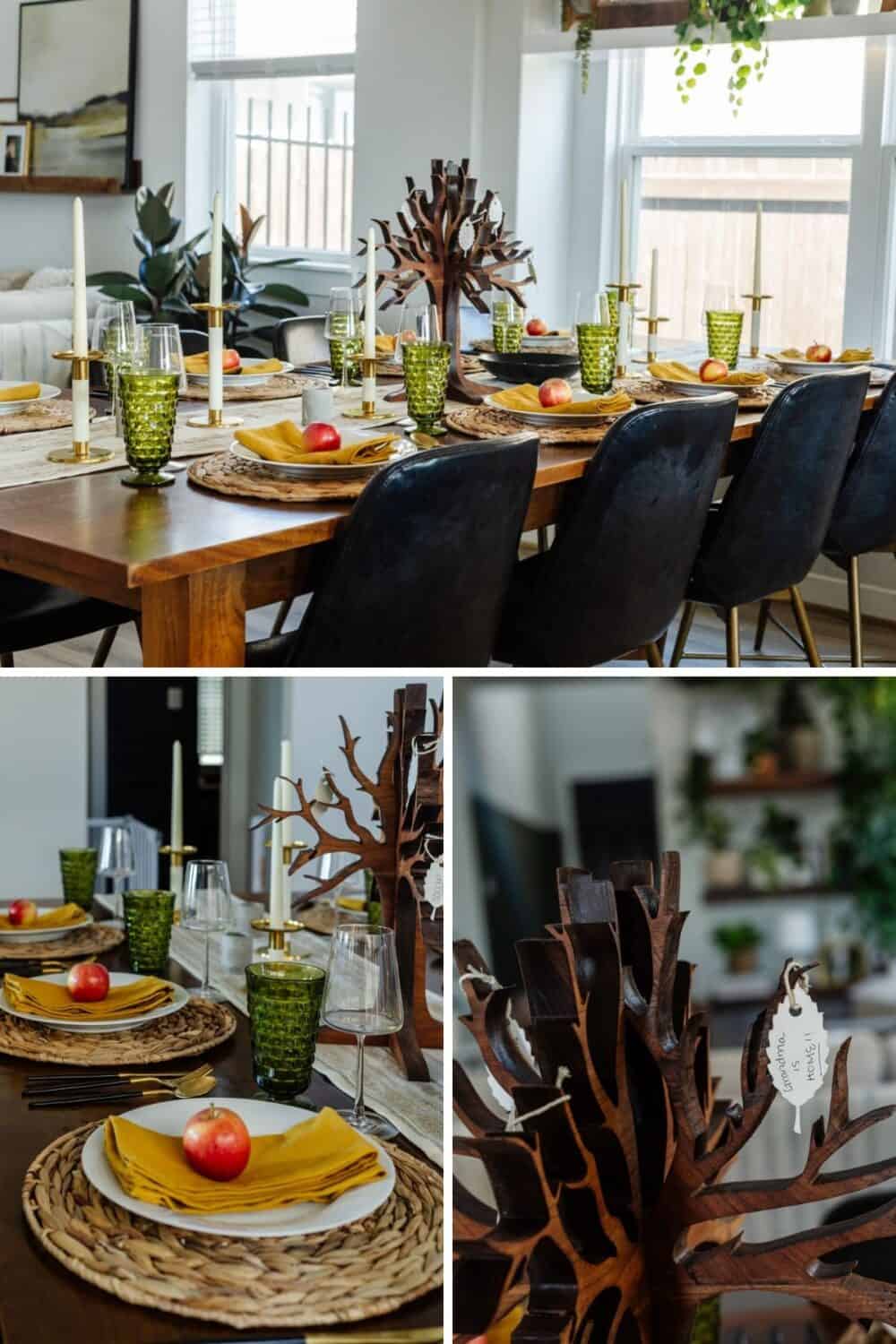 Collage of three close up images of dining room table set for fall