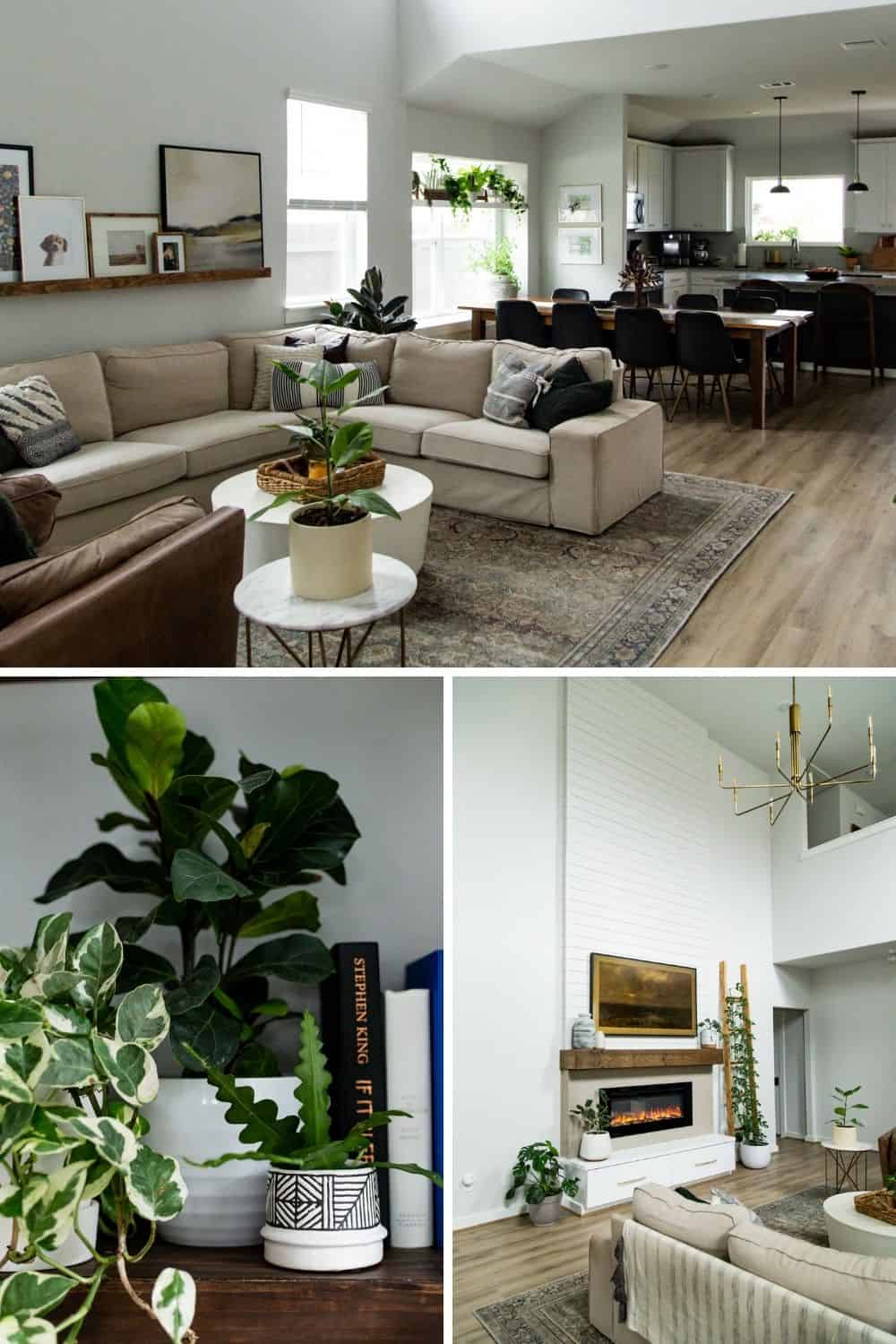 collage of three images of a living room home tour