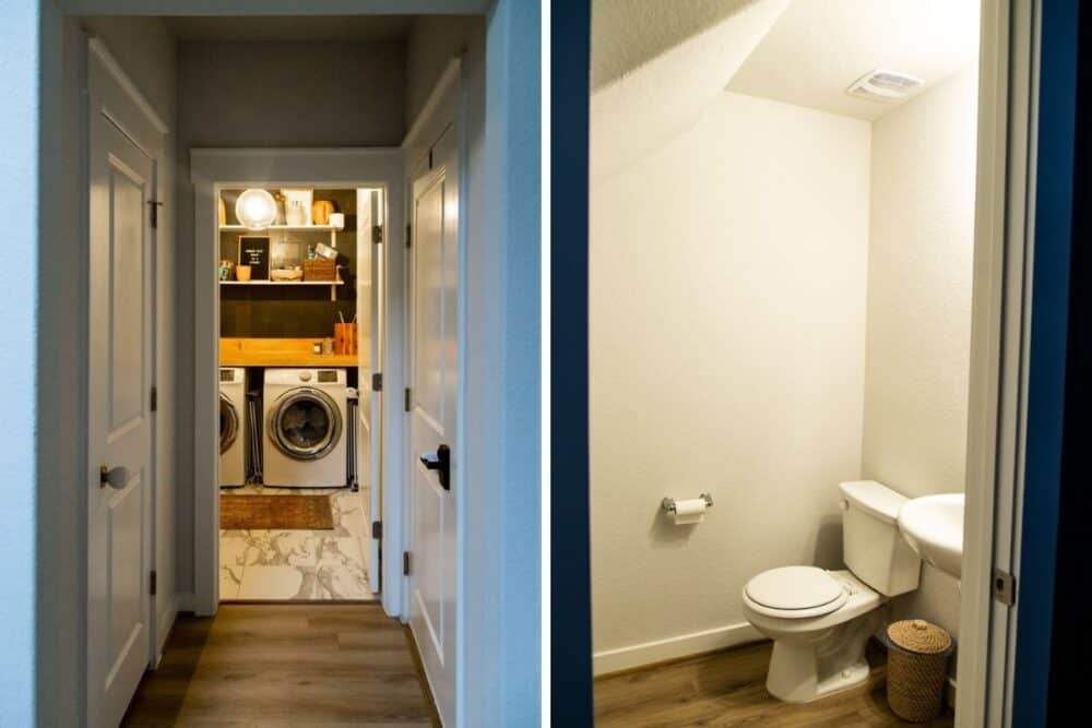 Side by side images of a laundry and powder room