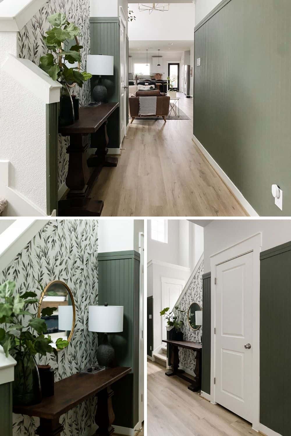 collage of images of a green and black entryway 