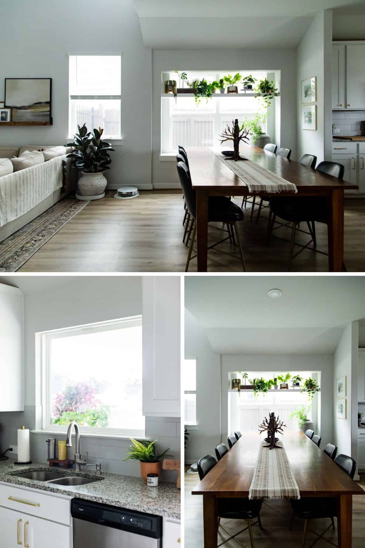 Collage of three images of a kitchen and dining room