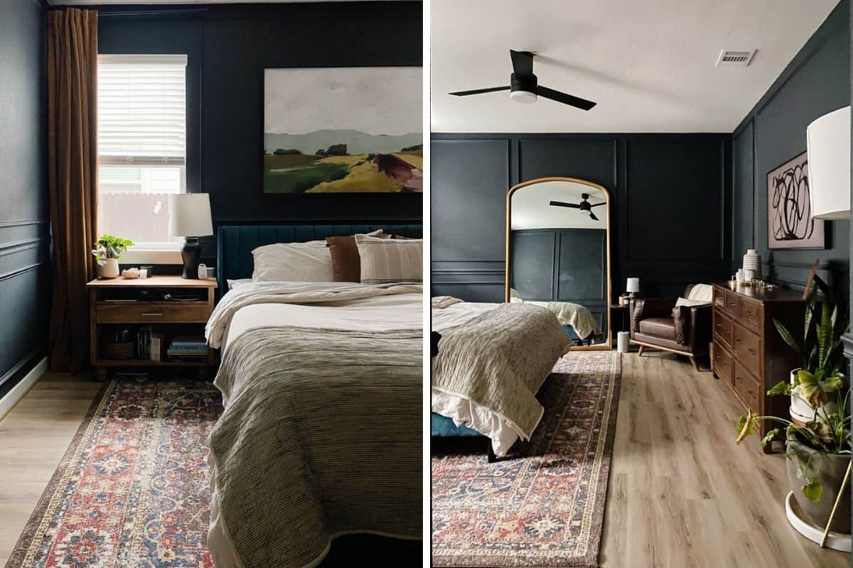 Collage of two images of a cozy and dark primary bedroom 
