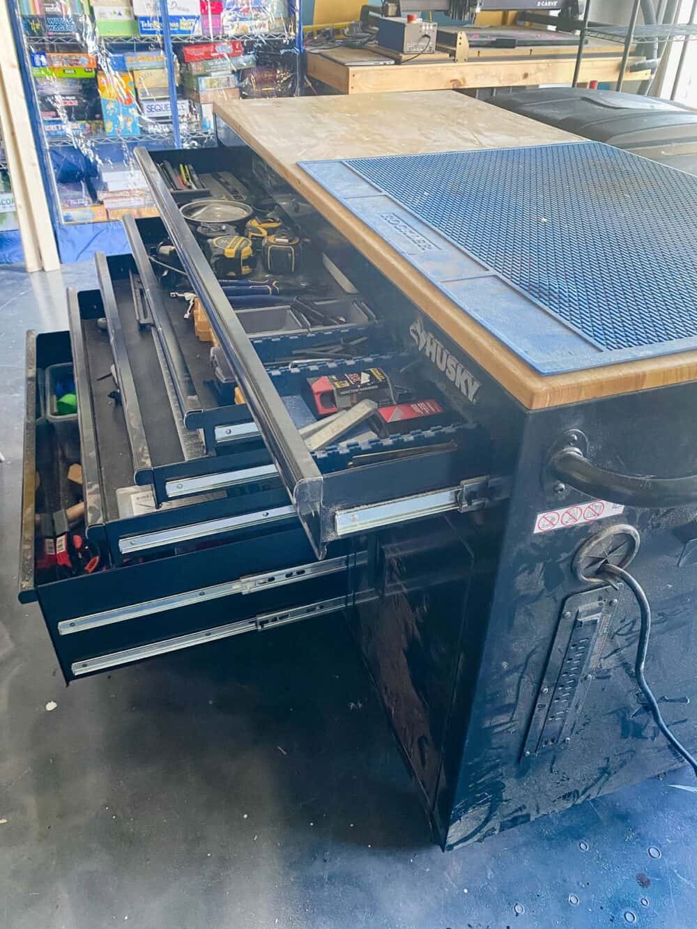Close up of Husky work bench