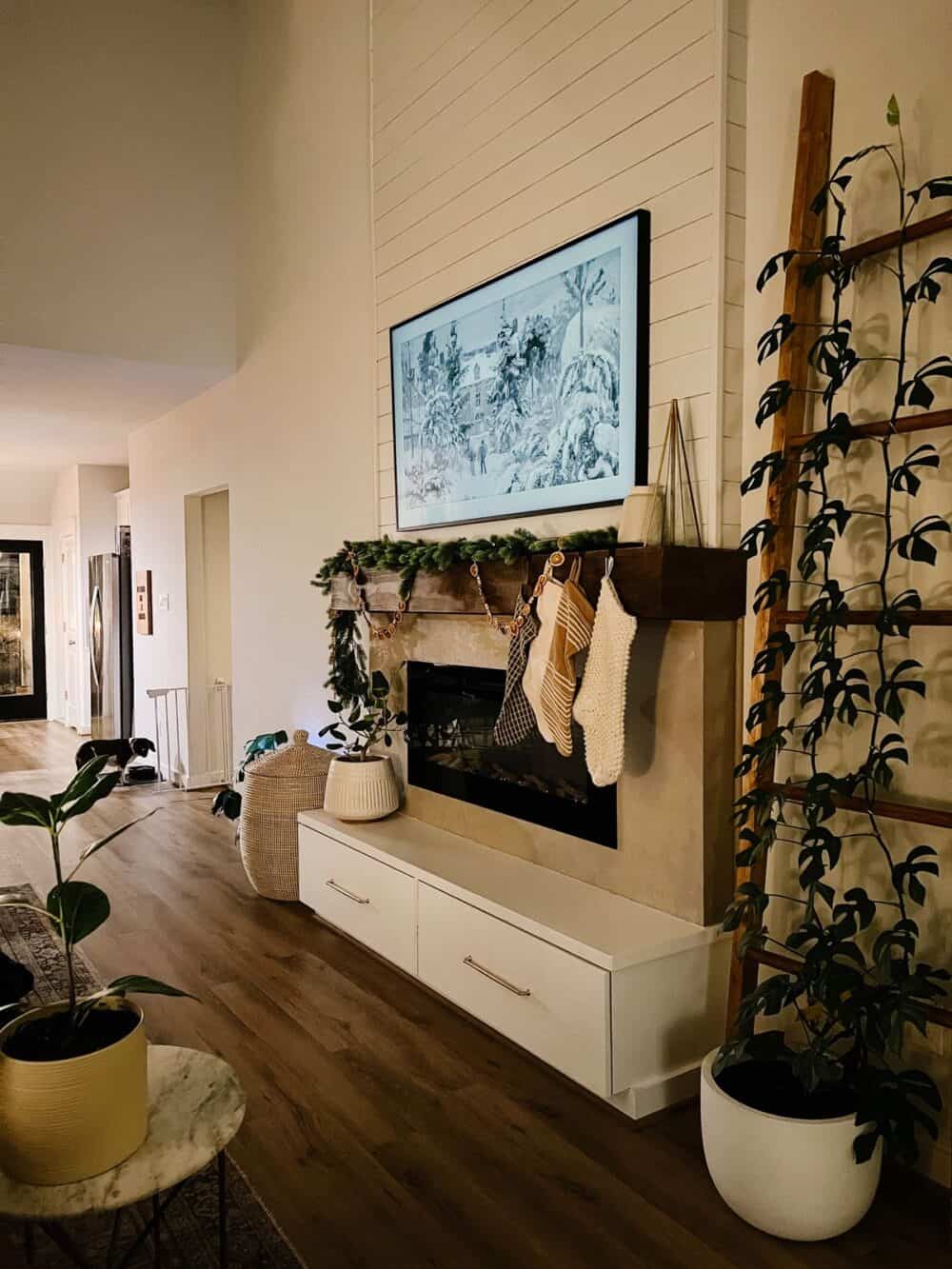 fireplace with an orange garland