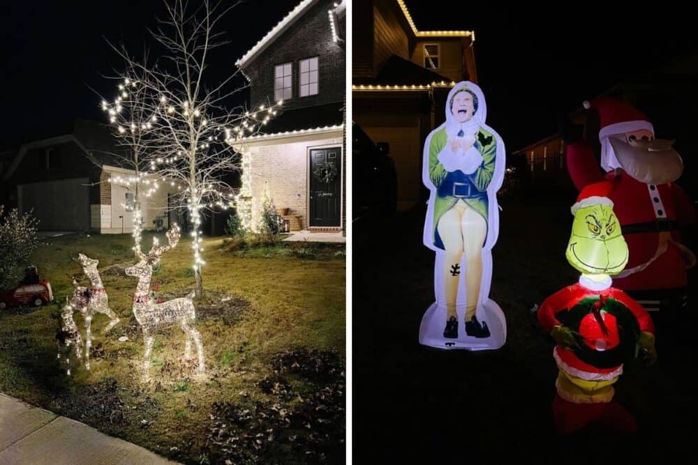 Exterior of a home decorated for Christmas 