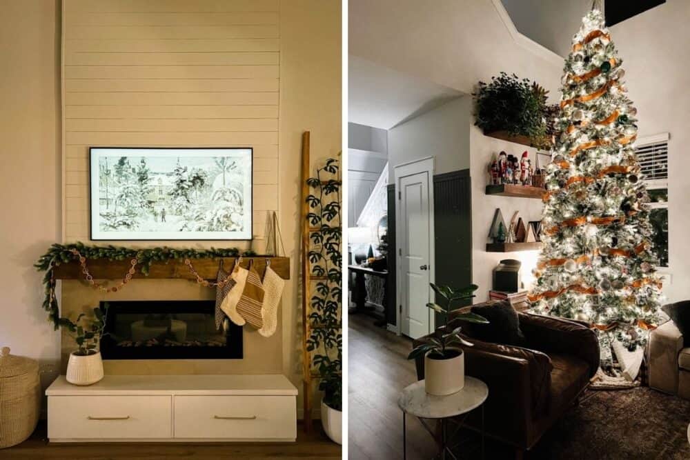 Two images of a home decorated for Christmas at night 