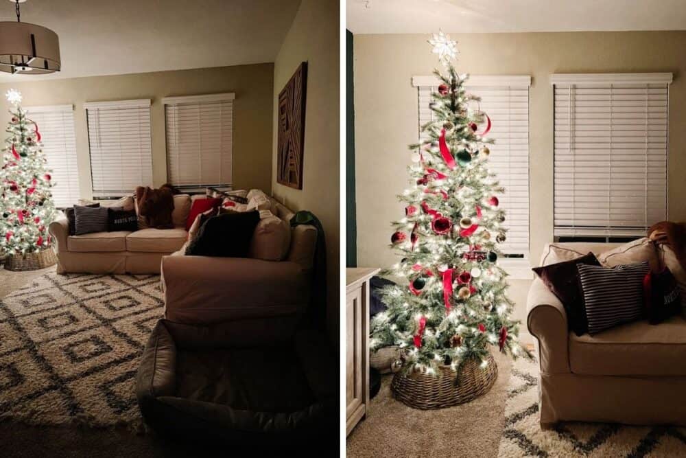 two images of a family room decorated for Christmas 