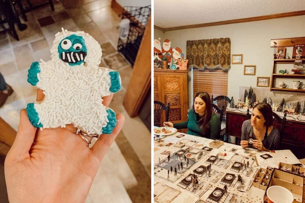 images representing Christmas Eve traditions - Christmas cookies and a family playing games 