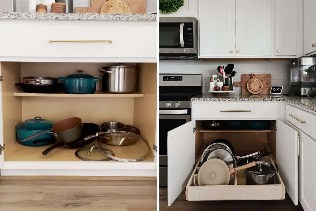 Before and after of cabinet with pot and pan organizer 