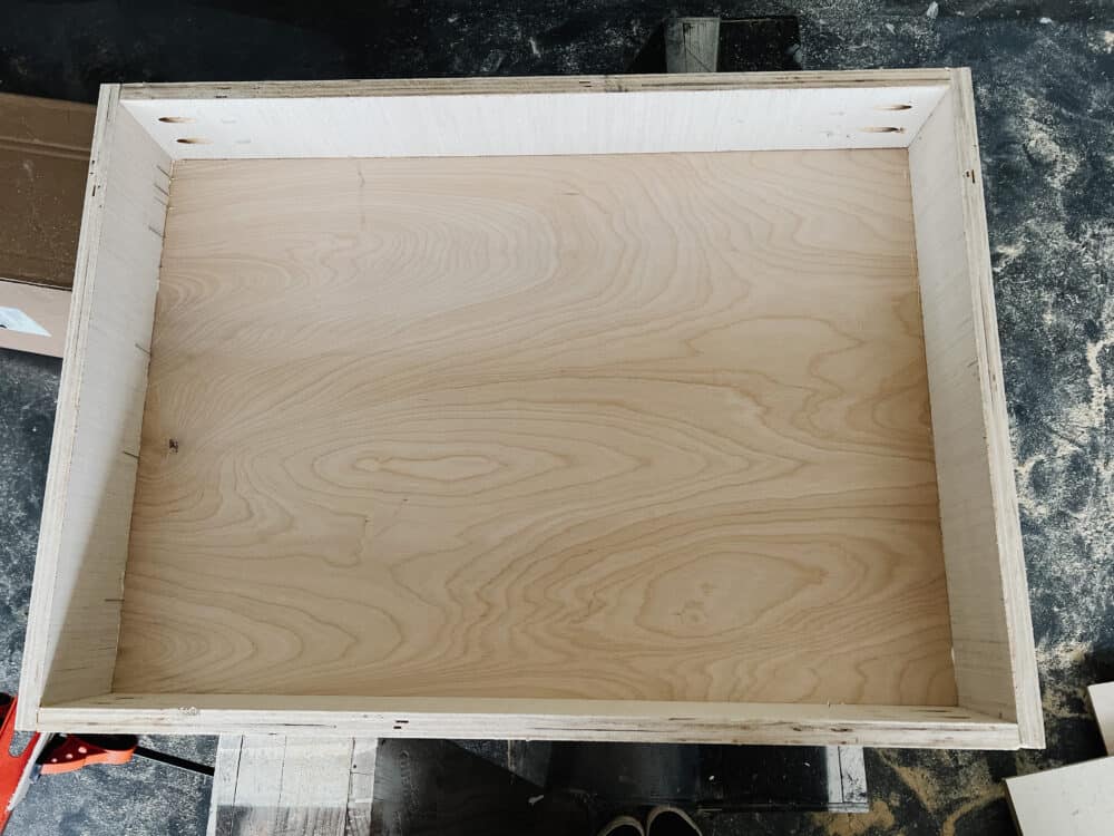 Overhead view of DIY drawer for kitchen cabinet 