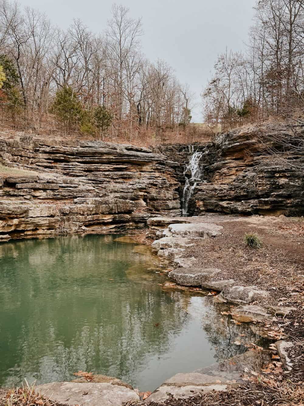 View of a waterfall at Top of the Rock in Branson, Missouri