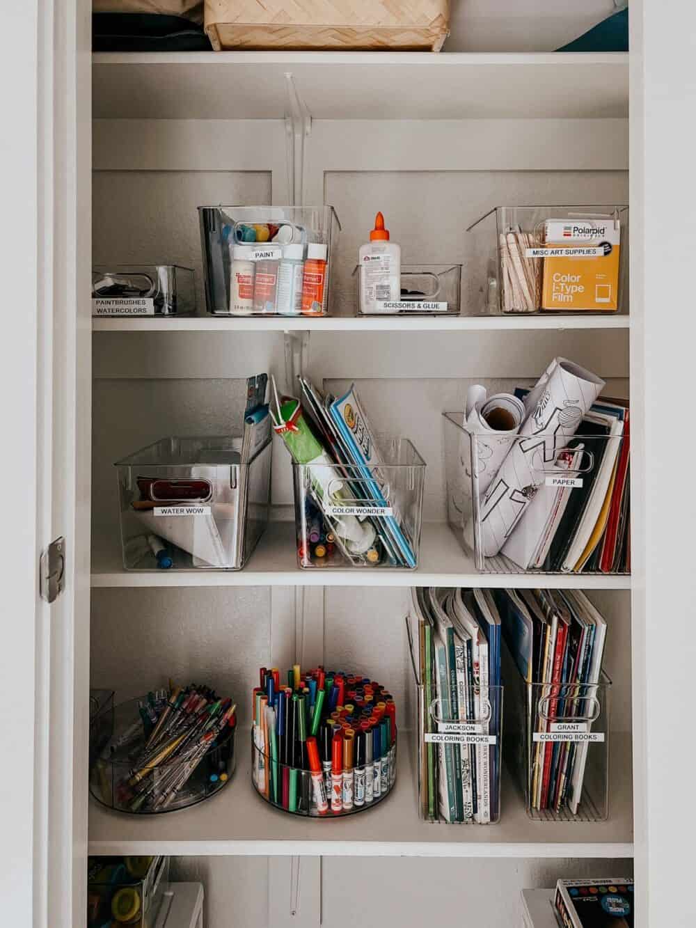 Close up of art closet organization