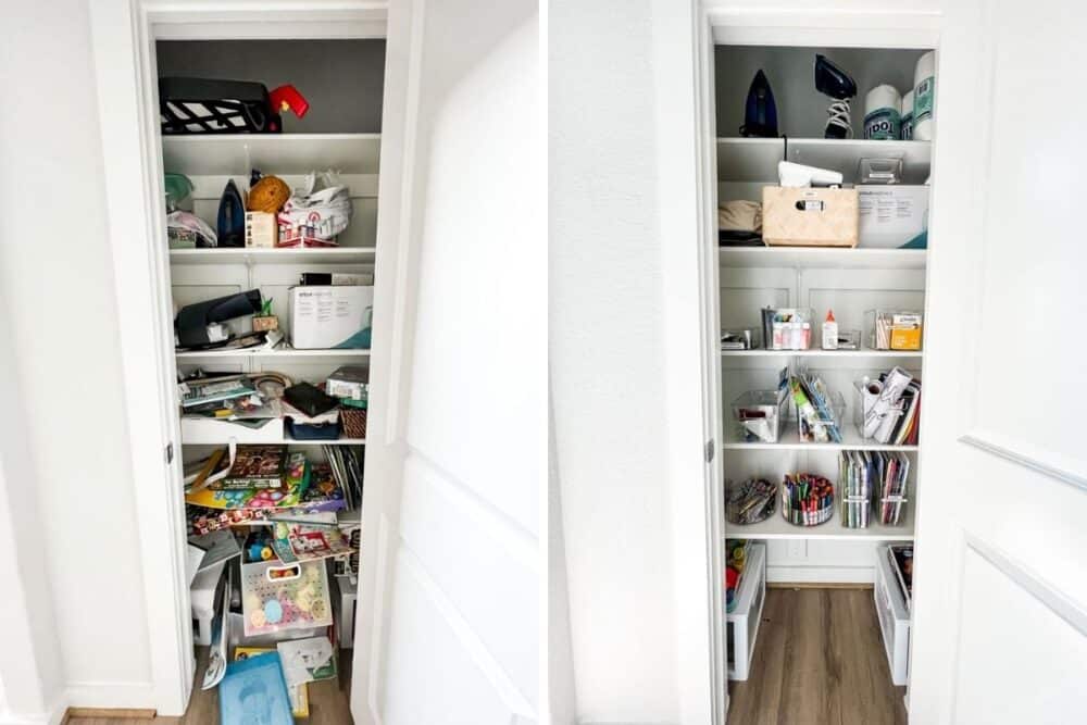 Before and after of art closet organization