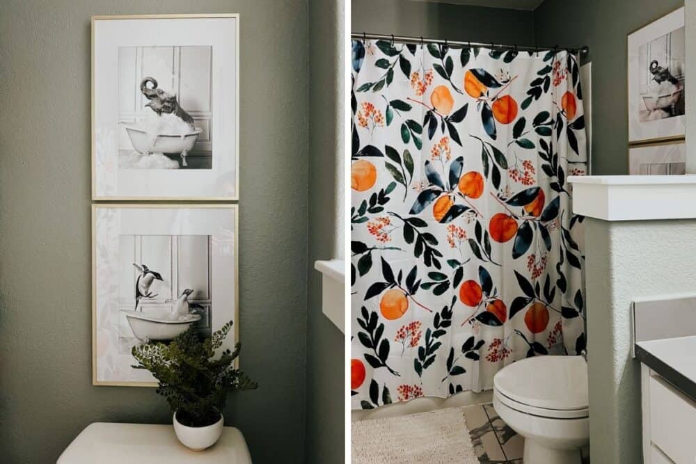 two images of a kids bathroom with art above the toilet