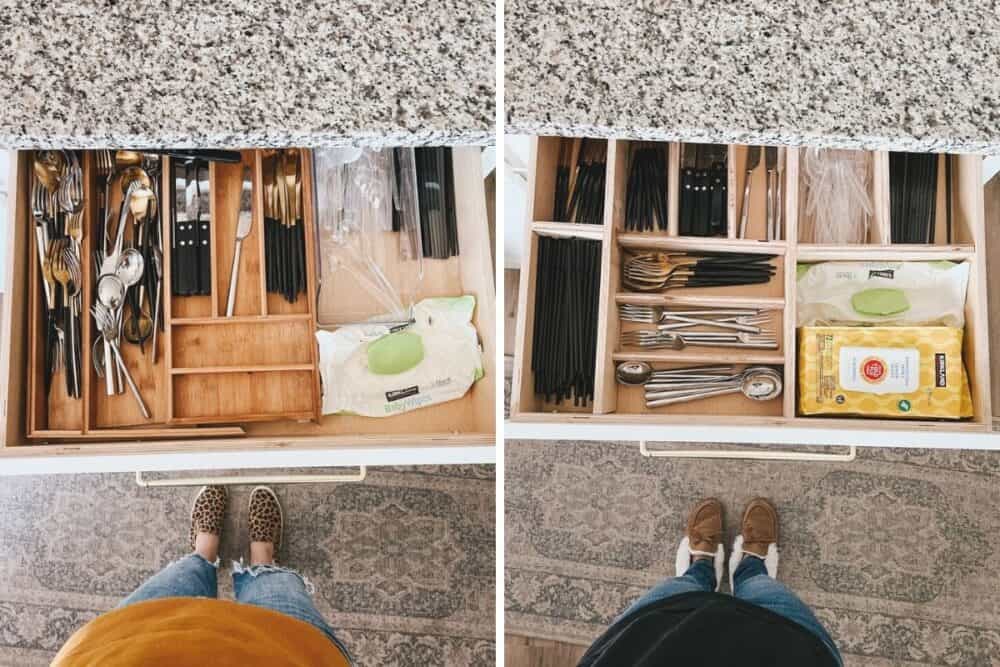 before and after of silverware drawer organizer 