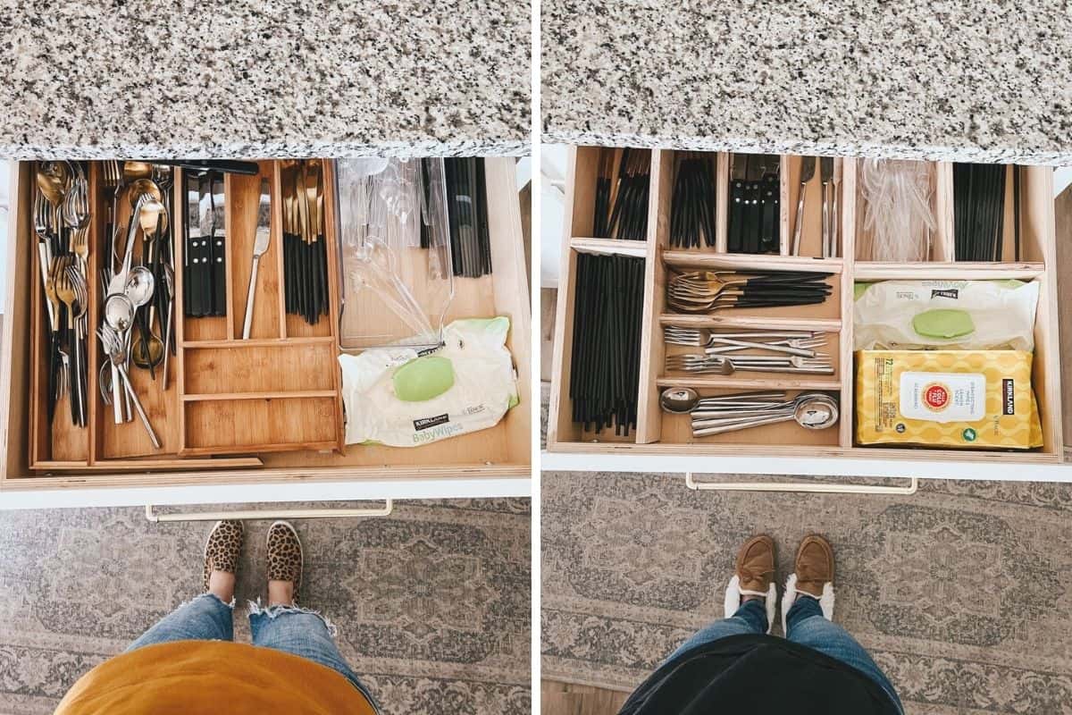 before and after of silverware drawer organizer