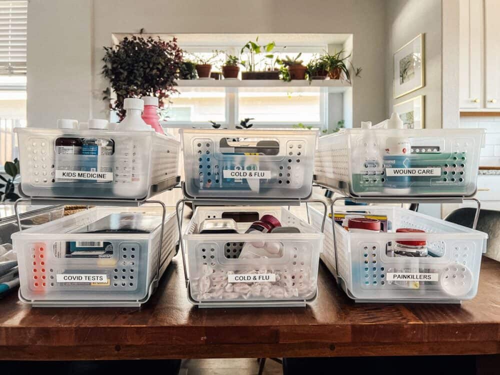 three medicine cabinet organizers lined up on a table 