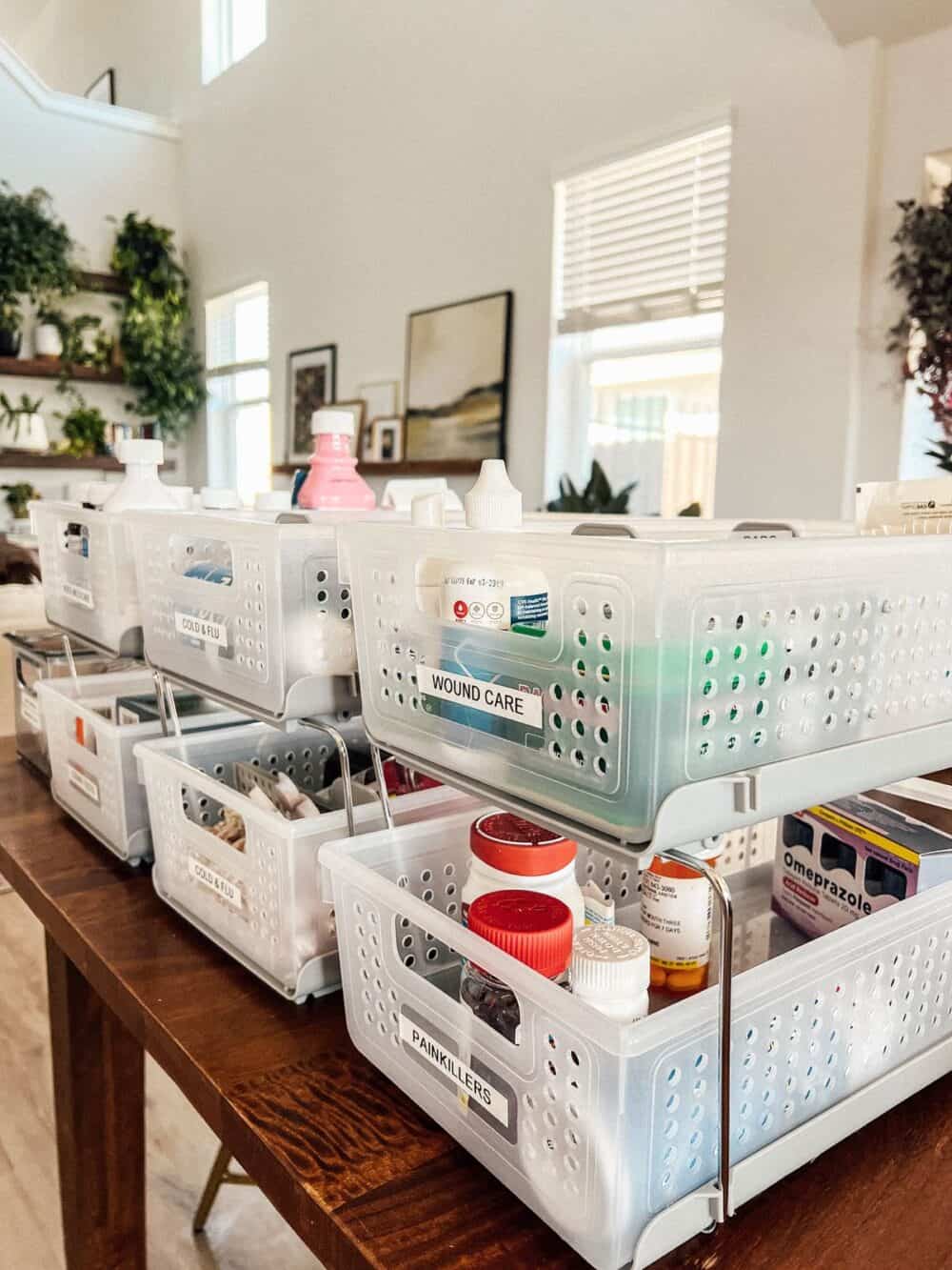 Medicine cabinet organizers on a table 