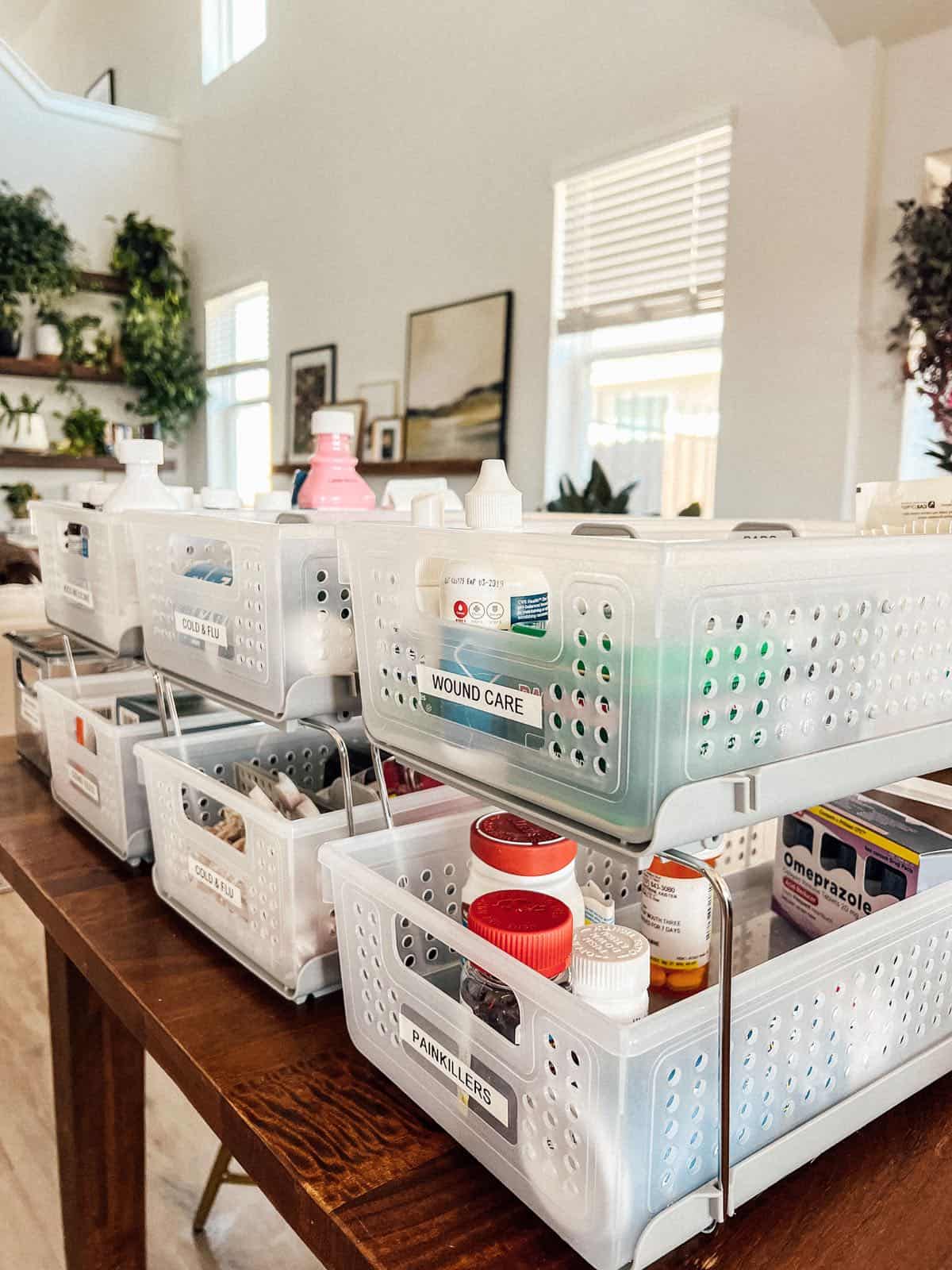 Medicine cabinet organizers on a table